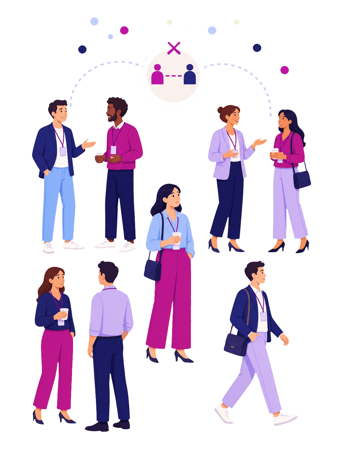 Event attendees forming groups while one guest misses a real introduction