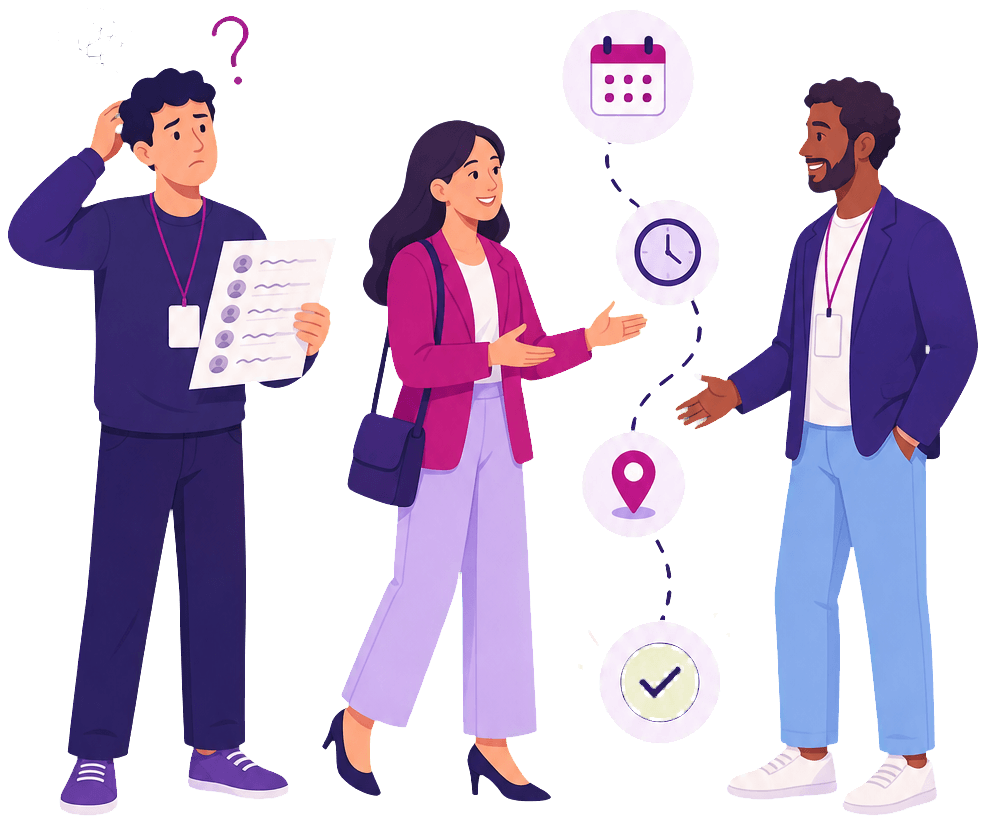 A designed introduction guides attendees toward the right person, time, and place