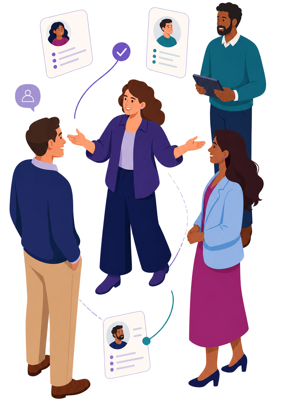 Illustrated attendees being guided toward a meaningful matched event connection
