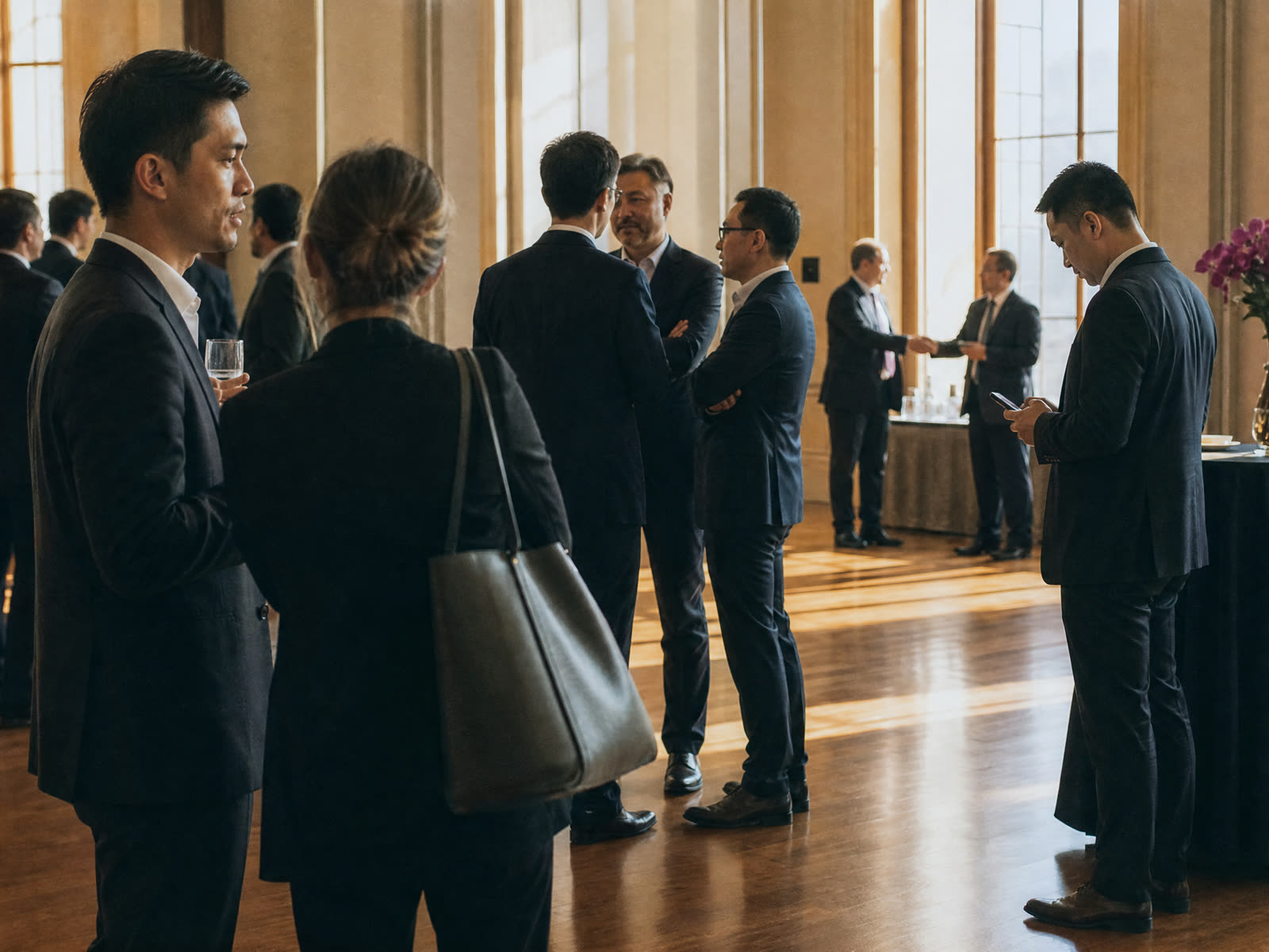 Professionals talking in small groups at a networking reception